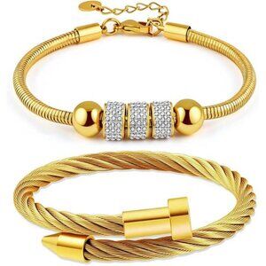 18K Gold Plated Nail Bracelet Set, Adjustable Stackable Bangles for Women 2 Pcs.